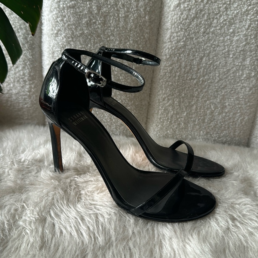 STUART WEITZMAN Nudist Black Patent Classic Stiletto Heel Strappy Sandals 7.5M